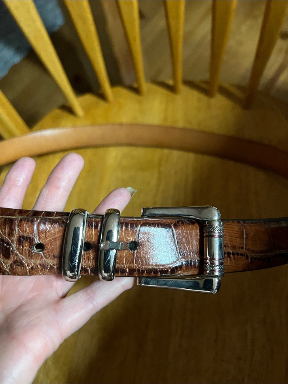 Vintage Martin Dingman Brown Croc-Texture Leather Belt with Silver Buckle 42